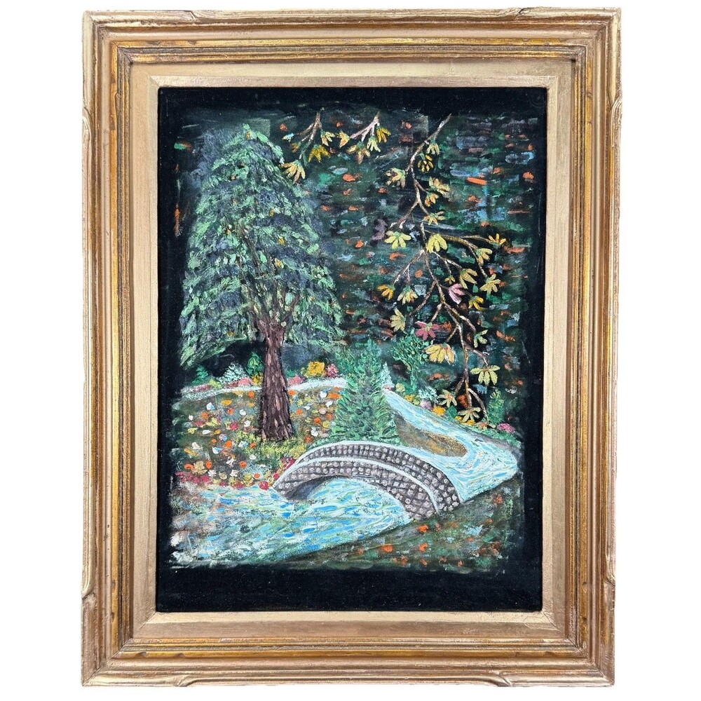 Fall Landscape Painted On Black Velvet Framed